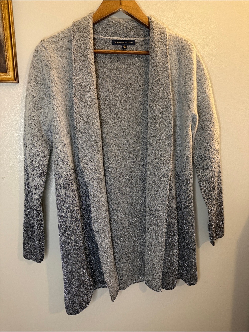 Adrienne Vittadini M Gray Ombre Metallic Lurex Open Front Cardigan Sweater - Picture 3 of 6